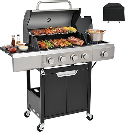 4-Burner Gas Grill with Side Burner & Cover, 51000 BTU Stainless Steel Outdoor BBQ Grill, 452 sq.in Cooking Area, Ideal for Backyard, Patio Large Gatherings