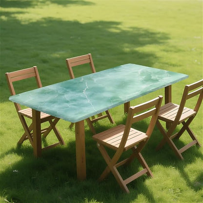 Rectangle Table Cloth Cover Waterproof Elastic Fitted Polyester Fitted Tablecloths for 6 Foot Tables for Indoor,Picnic, Camping, Outdoor （72" x 30"，Green Marble）