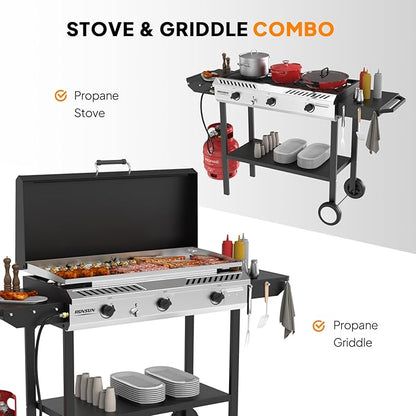 ROVSUN 3 Burner Outdoor Propane Gas Stove with Griddle, Ignition & Side Shelves, 225,000 BTU Powerful Gas Stove Outdoor Cooker for Backyard Patio Cooking Home Camping Grilling Canning Turkey Frying