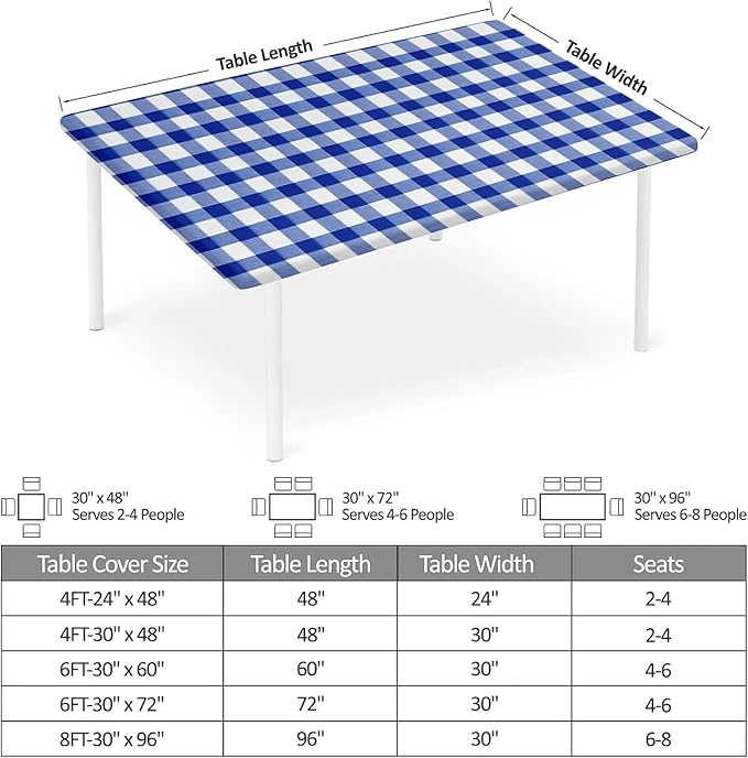 Rectangle Table Cloth Cover Waterproof Elastic Fitted Polyester Fitted Tablecloths for 6 Foot Tables for Indoor,Picnic, Camping, Outdoor （72" x 30"，Blue Grid）