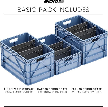 SIDIO Crate Basic Pack - 2 Full-Size & 1 Half-Size Heavy Duty Stackable Storage Bins, Totes, Containers with Dividers - Durable Plastic Organizer for Home, Office, Garage, and Outdoor Use, Aircraft
