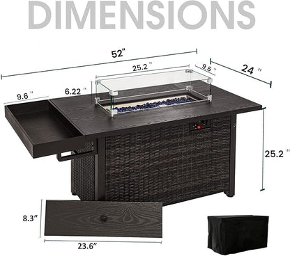 Sundale Outdoor 52 Inch Outdoor Fire Pit Table, 50,000 BTU Propane Fire Pits with Storage Shelf, Glass Wind Guard and Lid, Wicker Patio Gas Fire Pit for Outside Patio and Garden, CSA-Listed(Brown)