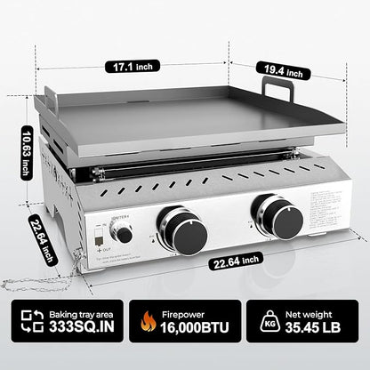 R.W.FLAME 2 Burner Tabletop Propane Griddle, 23" Stainless Steel Gas Griddle, 16,000 BTU Flat Top Grill for Outdoor BBQ,Camping & Patio Gatherings
