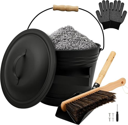 1.5 Gallon Ash Bucket with Lid and Shovel Broom Metal, Fireplace Ash Bucket, Complete Fireplace Tools Set for Fire Pit Grill Black(4 Pcs Set)