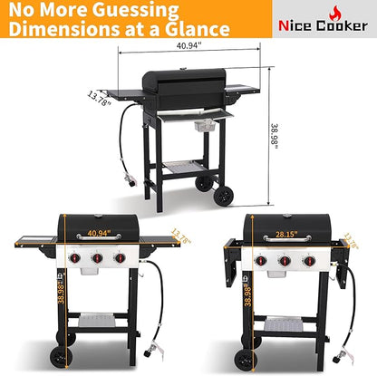 3-Burner 28650 BTU Propane Gas Grill, 252 Sq. In. Cast Iron Grates, Portable Outdoor BBQ with Foldable Side Shelves for Camping Patio, Black