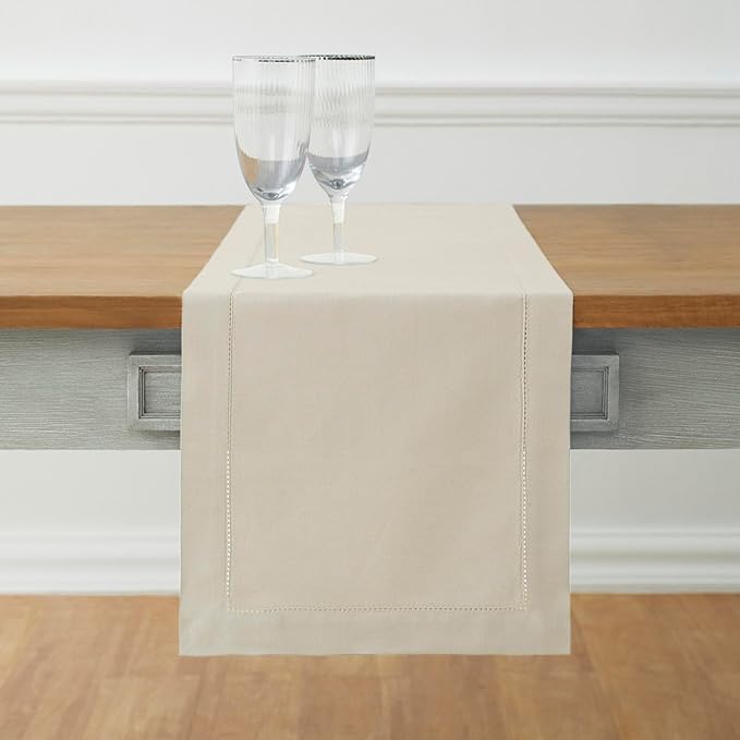 Solino Home Linen Hemstitch Table Runner 48 Inches - Cotton Linen Short Table Runner 14 x 48 Inch Ideal for Dresser and Coffee Tables - Spring, Easter