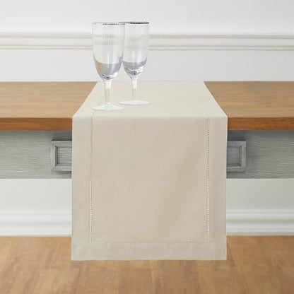 Solino Home Linen Hemstitch Table Runner 48 Inches - Cotton Linen Short Table Runner 14 x 48 Inch Ideal for Dresser and Coffee Tables - Spring, Easter