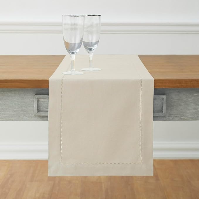 Solino Home Cotton Linen Table Runner 72 Inches Long - Hemstitch Linen Table Runner 14 x 72 Inch for Dresser, Dining, Spring, Easter