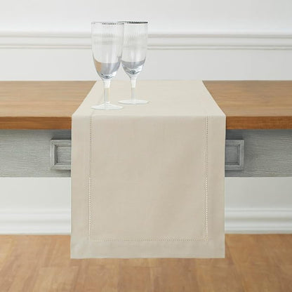 Solino Home Cotton Linen Table Runner 72 Inches Long - Hemstitch Linen Table Runner 14 x 72 Inch for Dresser, Dining, Spring, Easter