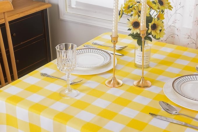Cupuamon 2 Pack Waterproof Polyester Fabic Square Checkered Tablecloth，54x54 Outdoor Table Cloth，Oil Stain Prevention Table Cloth for Pinics and Parties（Yellow and White）