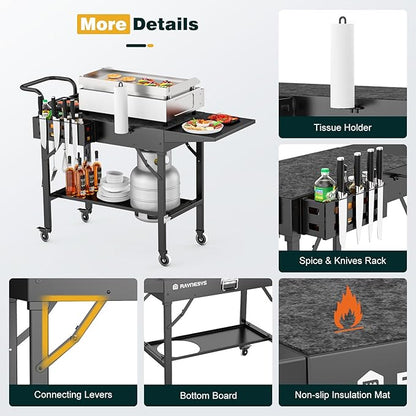 Outdoor Griddle Table, Blackstone Griddle Stand, 440lbs Folding Grill Cart, Pizza Oven Table Stand for Onni,Food Prep Table with Wheels for Outdoor BBQ Camp Ninja Woodfire Grill Stand, 31"W x 17"D