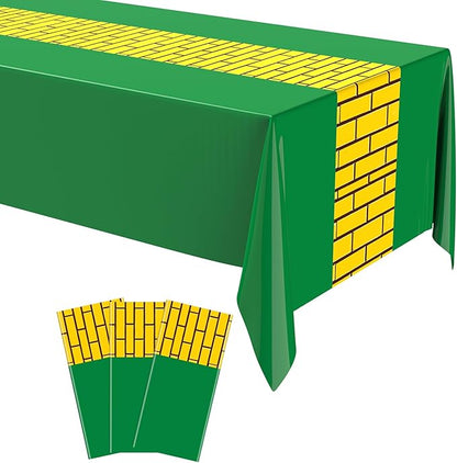 3 Pcs Yellow Brick Runner Tablecloth 54 x 108 Inch Brick Wall Backdrop Green Waterproof Rectangle Disposable Cover, Princess Decorations Party Supplies for Christmas Cosplay Party