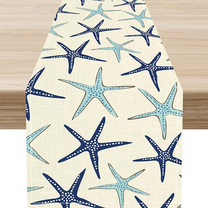 Blue Starfish Table Runner,Nautical Beach Ocean Table Runner Seasonal Holiday Home Kitchen Dining Table for Home Party Decor 13"x90"