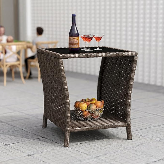 kinbor Outdoor Wicker Side Table - Tempered Glass Top Small Outdoor Table with Storage Shelf for Patio, Balcony & Porch, Durable PE Rattan & Iron Frame