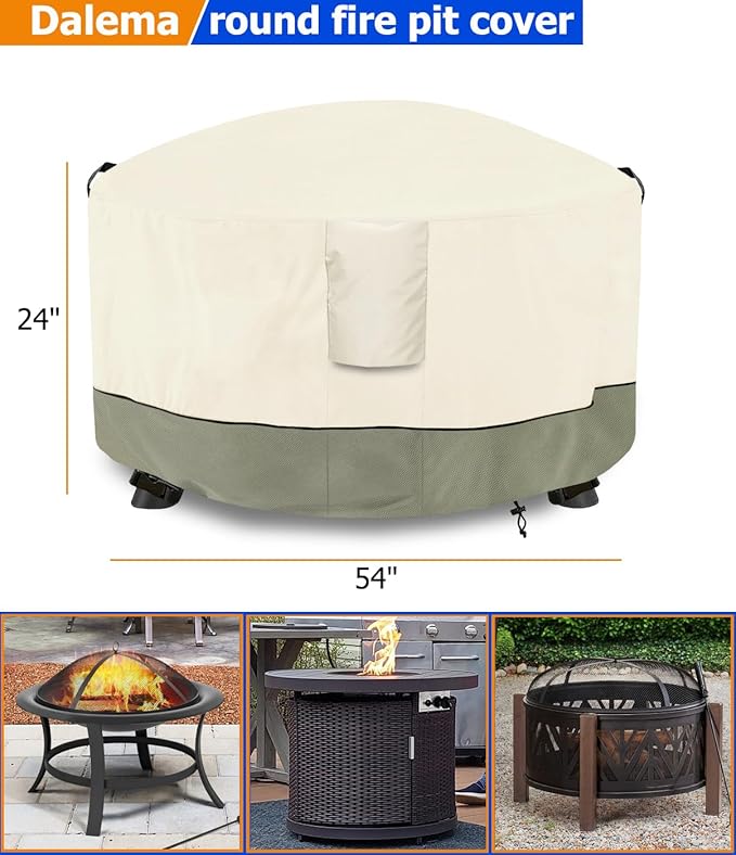 Fire Pit Cover,Outdoor Heavy Duty 600D 100% Waterproof Fire Pit Cover Round,Weatherproof Firepit Covers Round 54" Dia x 24" H,Beige