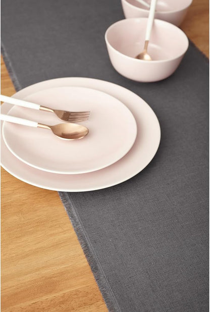 Solino Home Linen Charcoal Table Runner 120 Inches Long - Fringe, 100% Pure Linen 14 x 120 Inch Table Runner for Winter - Handcrafted and Machine Washable