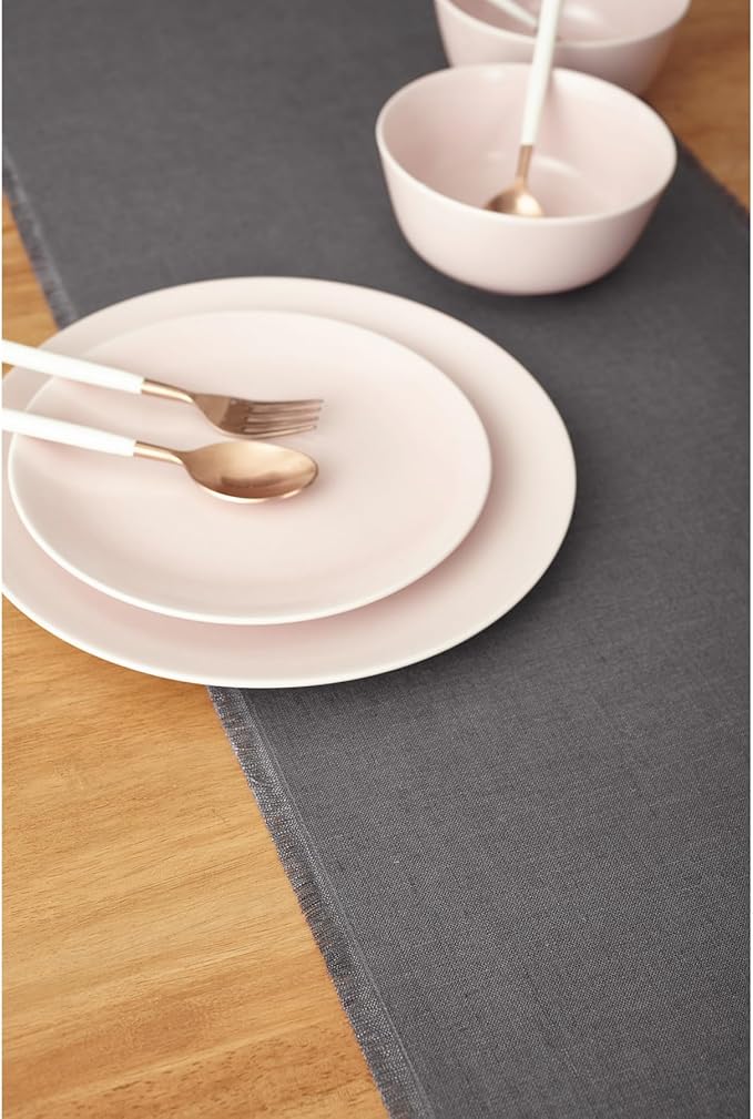Solino Home Linen Charcoal Table Runner 108 Inches Long - Fringe, 100% Pure Linen Dining Table Runner 14 x 108 Inch for Winter, Spring - Handcrafted and Machine Washable