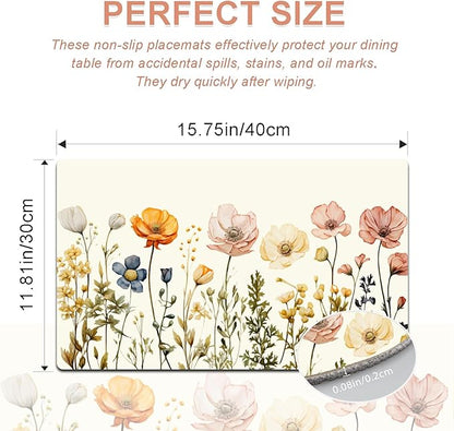 Flower Placemats Set of 4 - Spring Floral Faux Leather Heat Resistant Placemats for Dinner Table, Non-Slip Waterproof Oil-Proof Washable Reusable Placemat for Indoor Outdoor Kitchen, 15.75In*11.81In