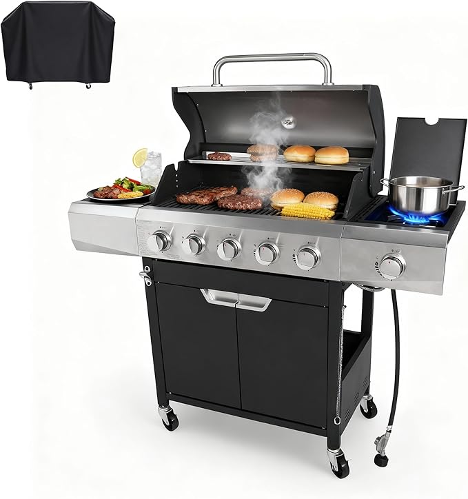 Endark 5-Burner 58,500 BTU Stainless Steel Propane Gas Grill | Outdoor BBQ Grill with Side Burner & Porcelain Grates | Wheeled for Patio, Garden, Backyard