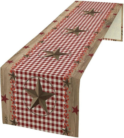 Farmhouse Western Table Runner,Rustic Country Barn Red White Buffalo Plaid Texas Star Berries Print Table Decoration for Kitchen Dining Table Wedding Home Party 13x60in