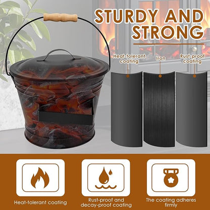 1.5 Gallon Ash Bucket with Lid and Shovel Broom Metal, Fireplace Ash Bucket, Complete Fireplace Tools Set for Fire Pit Grill Black(3 Pcs Set)