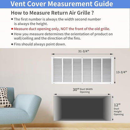 30"W x 12"H [Duct Opening Size] Steel Return Air Grille, Air Return Vent Cover for Ceiling and Sidewall - HVAC Air Vent Covers - [Outer Dimensions: 31.75"W x 13.75"H]