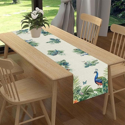 Peacock Table Runner,Traditional Chinese Style Peacock Feather Bird Floral Tropical Leaf Table Center Decor for Home Dining Kitchen Patio Holiday Party Indoor Table Decorations, 13"x72"