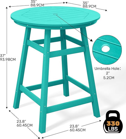Costaelm Patio Bistro Table, 37" Counter Height Round Patio Cocktail Bar Table with Umbrella Hole, Outdoor Bistro Dining Pub Table for Front Porch Deck Backyard Garden, Turquoise