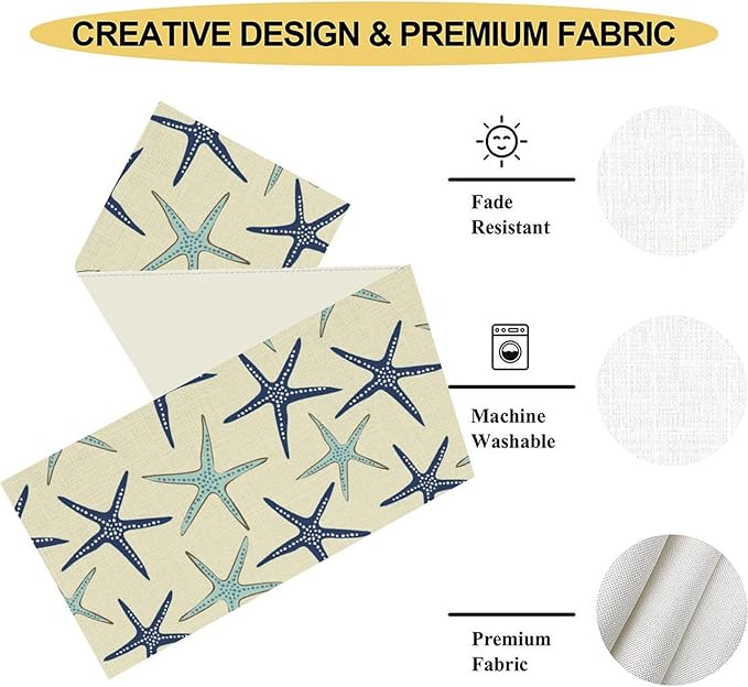 Blue Starfish Table Runner,Nautical Beach Ocean Table Runner Seasonal Holiday Home Kitchen Dining Table for Home Party Decor 13"x108"