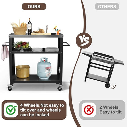 Outdoor Grill Cart with Three-Shelf, Stainless Steel Pizza Oven Table for Outside, Dining Kitchen Cart with Two Side Handle, Garden Patio BBQ Kitchen Food Prep Table Cart (Black)