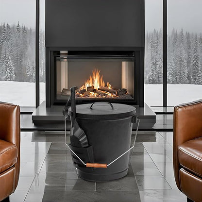 F2C 5.5 Gallon Large Ash Bucket with Lid and Shovel Fireplace Tool Set,Galvanized Metal Coal and Hot Ash Pail for Fireplace, Fire Pits, Wood Burning Stoves, Grill, Outdoor,Home Black