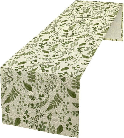 Green Leaves Table Runner,Spring Summer Herbs Botanical Natural Plants Print Table Runner for Kitchen Dining Table Farmhouse Home Party Decor 13x108in