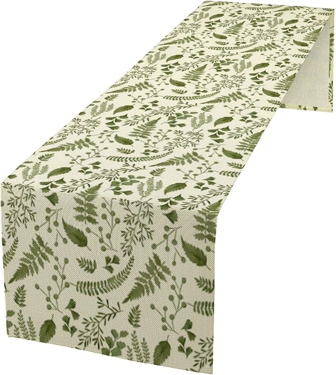 Green Leaves Table Runner,Spring Summer Herbs Botanical Natural Plants Print Table Runner for Kitchen Dining Table Farmhouse Home Party Decor 13x120in