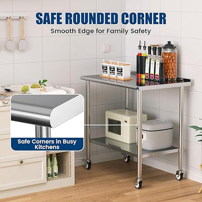 Stainless Steel Work Table with Wheels, 24x48 Inch NSF Food Prep Table with Backsplash & Adjustable Undershelf for Commercial Kitchen, Restaurant, Garage