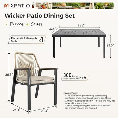 7 Pieces Outdoor Dining Set for 6, Patio Dining Set Wicker Rattan Chairs with Soft Cushion and Extendable Rectangular Table, Wicker Patio Table and Chairs for Backyard Porch