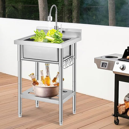 Stainless Steel Utility Sink, Free Standing Single Bowl Kitchen Sink, Adjustable Leg Height, w/Faucet,Hot and Cold Water Pipes,Commercial Laundry Tub,Hook,Storage Shelf for Indoor Outdoor Farmhouse