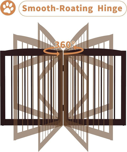 Freestanding Dog Gate with Door, Pet Gate for Stairs, 80 inch Wide Pet Barrier Indoor, Dog Fences Indoor, Support Feet Included, 4 Panels, 24" Tall, Dark Brown