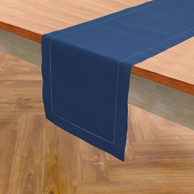 Solino Home Table Runner 90 Inches Long - Cotton Linen Hemstitch Lapis Blue Table Runner 14 x 90 Inch for Winter