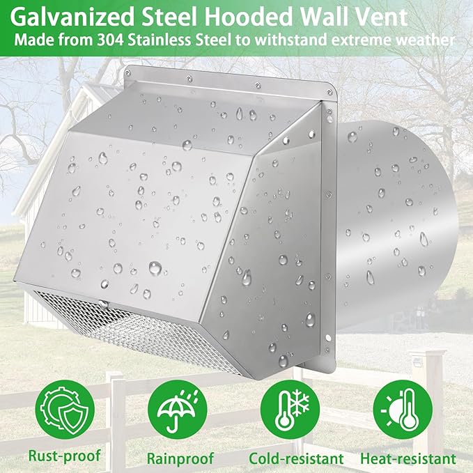 8 inch Wall Vent Ccover,Exhaust Vent Hooded Wall Vent with Screen and Damper,Outdoor Wall Exhaust Vent Cap Exterior Air Vent Cover for Kitchen Range Hood HVAC Duct Dryer Ventilation,Stainless Steel