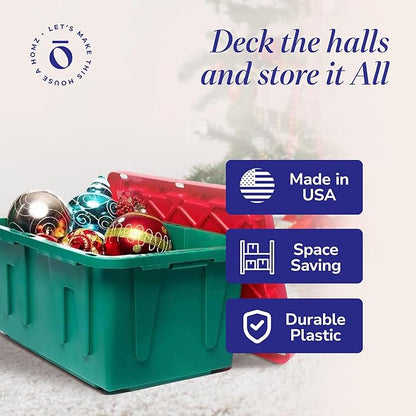 HOMZ 2-Pack Durabilt, Heavy Duty Plastic Storage Bins with Lids, 15 Gallon, Green/Red - Stackable Container Boxes for Holiday, Attic, and Garage Organization