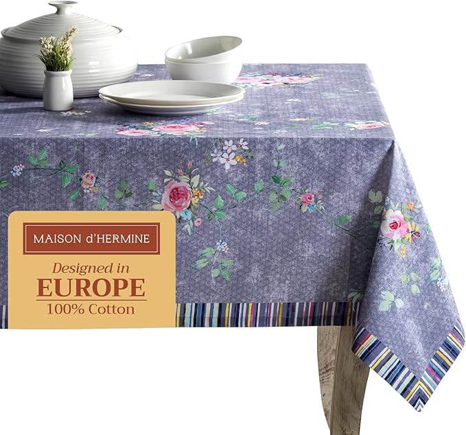 Maison d' Hermine Table Cloth Rectangle Table 100% Cotton 54 x 72 Inches Tablecloth for Dining Room, Farmhouse, Home, Party, Festive & Wedding Spring Summer - Sweet Rose Lavender - Country Garden