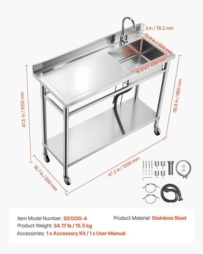 VEVOR Stainless Steel Utility Sink, Rolling Single Bowl Commercial Kitchen Sink with Wheels,Faucet and Hot & Cold Water Pipe,Utility Basin Workbench for Garage Restaurant Laundry 47.2 x 19.7 x 41.5 in