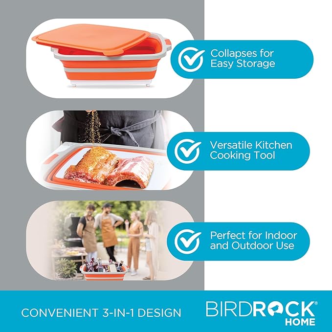 BIRDROCK HOME Collapsible Food Prep & Cutting Board and Grill Caddy Tub with Colander & Lid | Multifunctional Kitchen Vegetable Washing Basket | Silicone Dish Tub for BBQ, Picnic, Tailgate and Camping