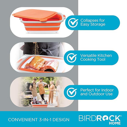 BIRDROCK HOME Collapsible Food Prep & Cutting Board and Grill Caddy Tub with Colander & Lid | Multifunctional Kitchen Vegetable Washing Basket | Silicone Dish Tub for BBQ, Picnic, Tailgate and Camping