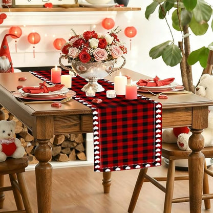 Valentine’s Day Love Heart Red Black Buffalo Plaid Table Runner 13x48 Inch Seasonal Holiday Kitchen Dining Tabletop Runners for Anniversary Mantel Party Indoor Outdoor Decoration