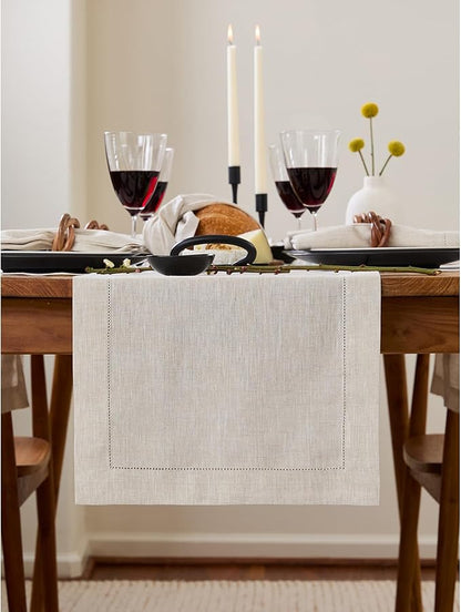 Solino Home Linen Light Natural Table Runner 156 Inches Long - 100% Pure Linen Extra Long Table Runner 14 x 156 Inch for Spring, Easter - Classic Hemstitch