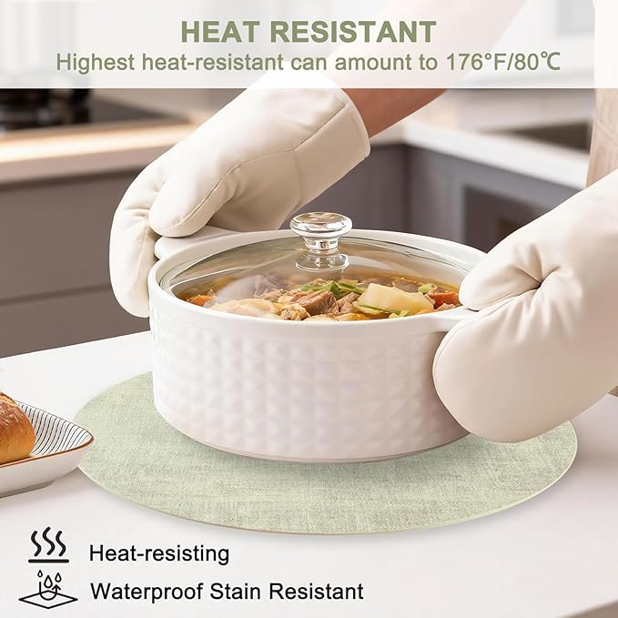 Round Faux Leather Placemats and Coasters, Set of 6, Reversible Heat Resistant Non-Slip Table Mats, Waterproof Wipeable Place Mats for Dining Table, Washable for Indoor & Outdoor (6, Light Green)