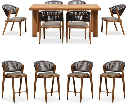 PURPLE LEAF 7-Piece Patio Dining Set Outdoor Furniture Rectangular Table and Chairs Set with Aluminum Frame and Teak-Finish for Garden Deck Backyard Kitchen Deep Teak Outdoor Set with Counter Stools