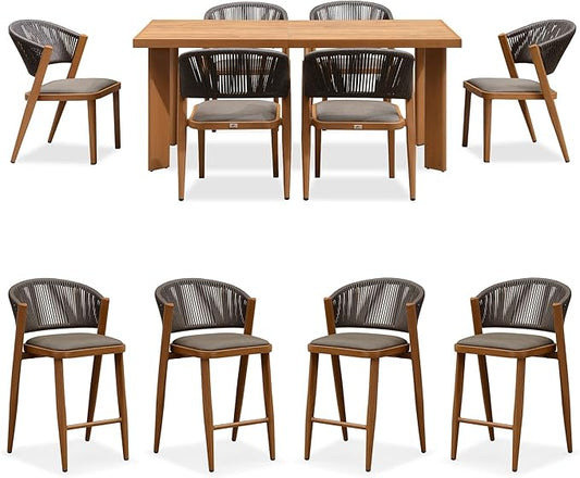 PURPLE LEAF 7-Piece Patio Dining Set Outdoor Furniture Rectangular Table and Chairs Set with Aluminum Frame and Teak-Finish for Garden Deck Backyard Kitchen Deep Teak Outdoor Set with Counter Stools