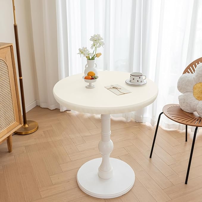 Round Fitted PU Tablecloth with High Elastic Edge 47 Inch Dia Waterproof Oil Proof Table Cloth Anti-Scald Stain-Resistant Wipeable Table Cover for Indoor Outdoor Picnic (Cream,47" Dia)